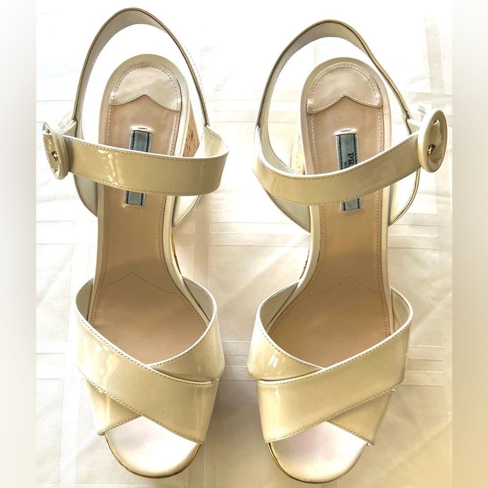 Women’s White Prada Real Cork Platform Sandal Patent Leather Upper Sz 41
